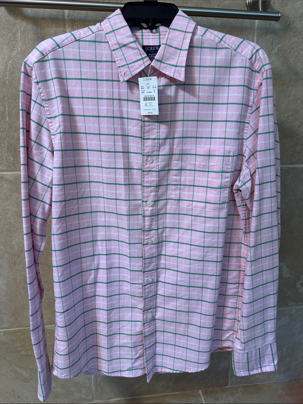 J.CREW Men's Flex Oxford Button-Down Shirt, Pink, Green Plaid Size M NWT